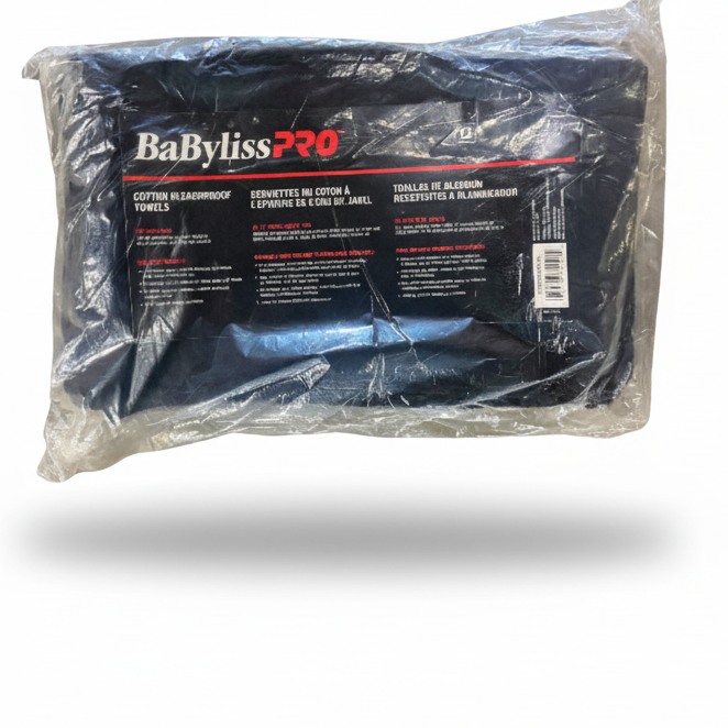 BaBylissPRO - Serviette en Coton 100% - Résistante à l'eau de Javel - Noir - Paquet de 12