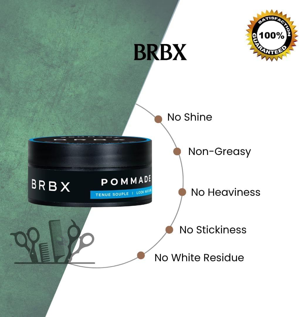 BRBX Men's Flexible Pomade - Lightweight Styling Cream, Natural &amp; Non-Greasy Finish, Flexible Control (80 g / 2.8 oz)